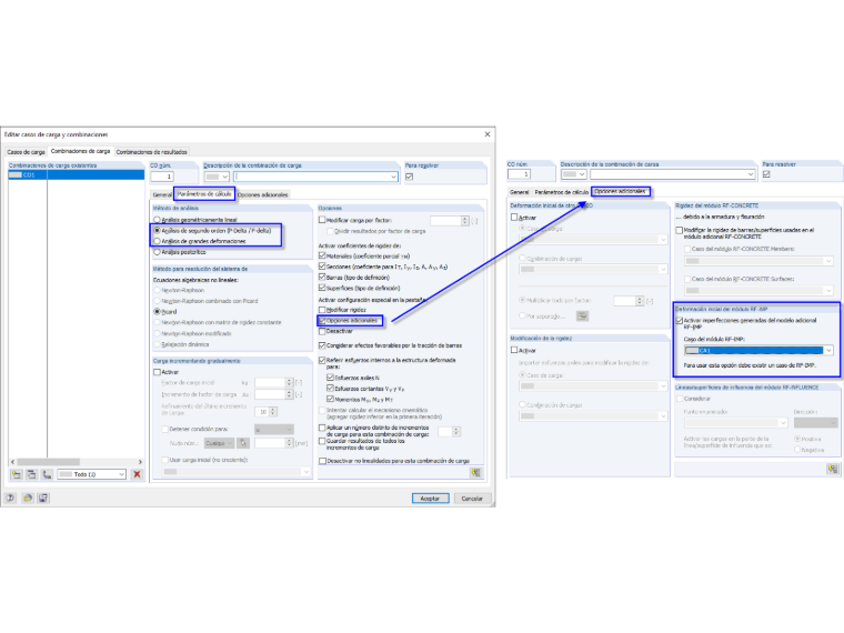 Configuración en combinaciones de carga