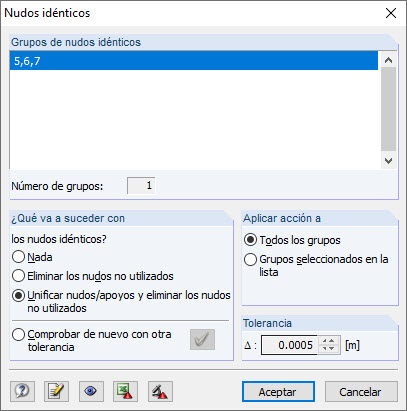 Resultado de la comprobación del modelo para nudos idénticos