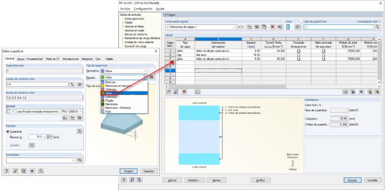 Tipo de superficie "vidrio" en RFEM y definición de la estructura de capas en RF-GLASS