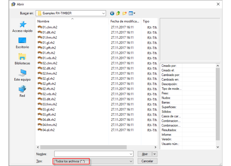 Opción para filtrar tipos de archivo