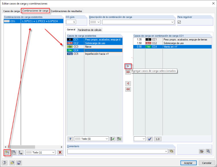 Crear combinaciones de carga manualmente