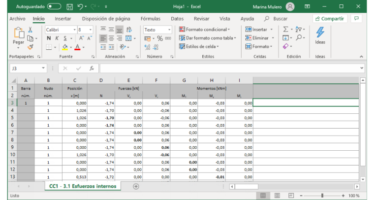 Esfuerzos internos exportados en Excel
