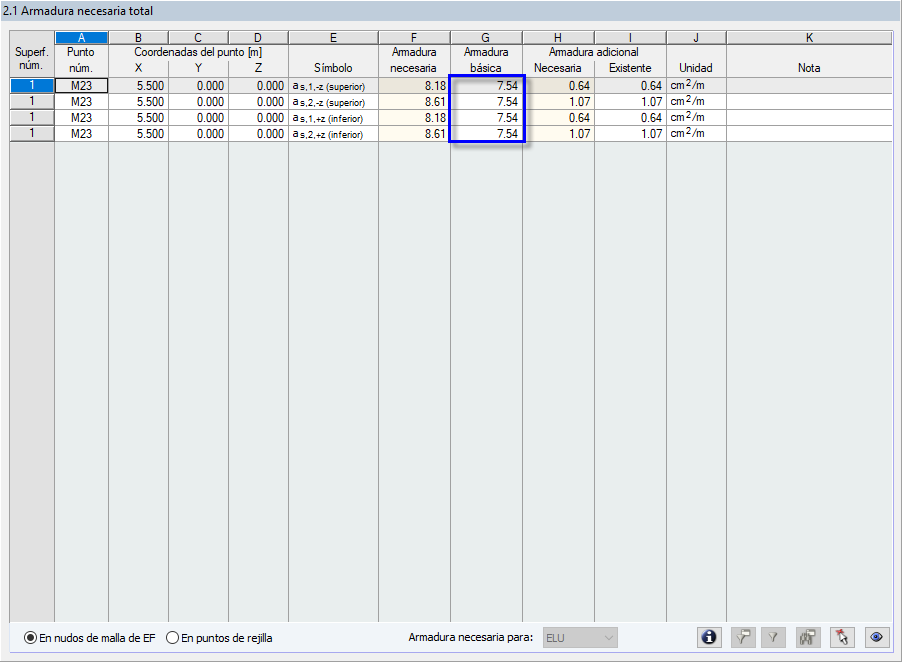 Ventana de resultados 2.1 de RF-CONCRETE Surfaces
