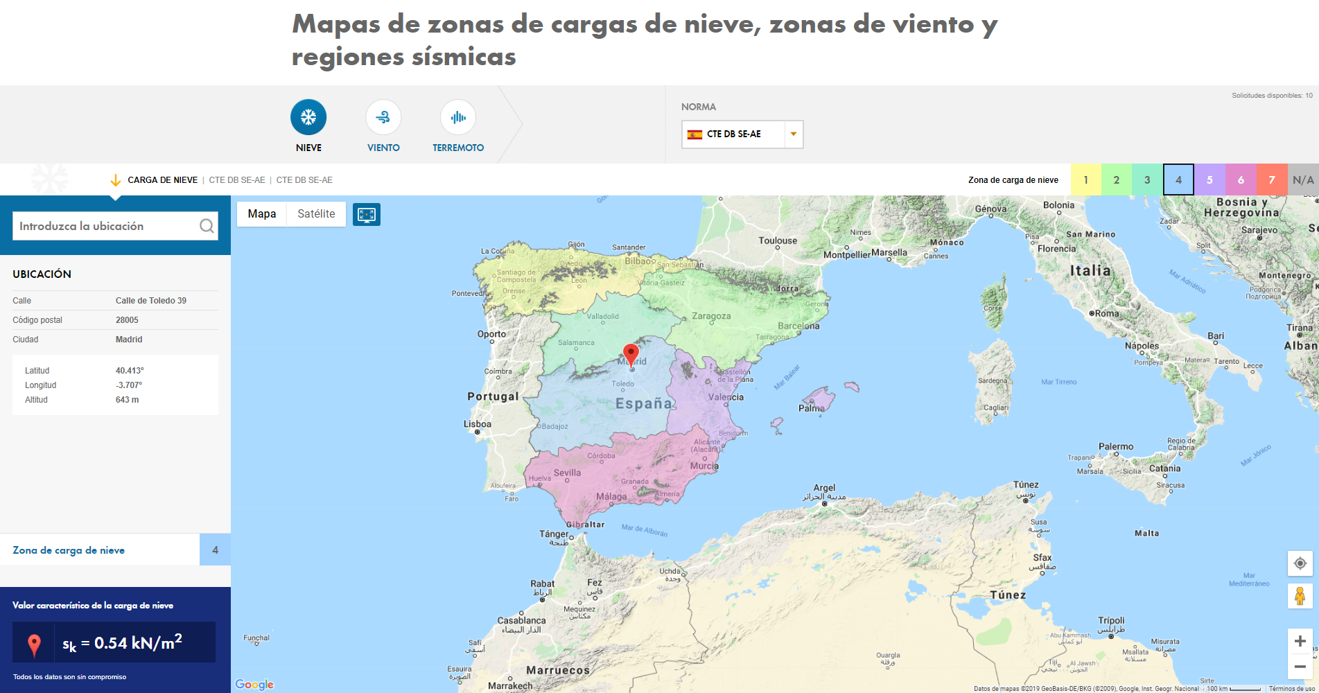 Después de introducir la ubicación, por ejemplo, el código postal (PSČ) o el nombre de la localidad, o bien después de hacer clic en el lugar correspondiente del mapa, obtenemos el valor de la carga.