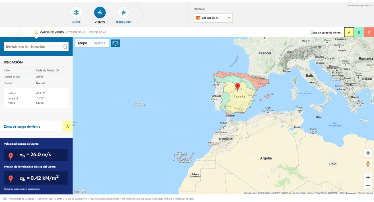 Servicio en línea "Mapas de cargas de nieve, velocidades del viento y cargas sísmicas"