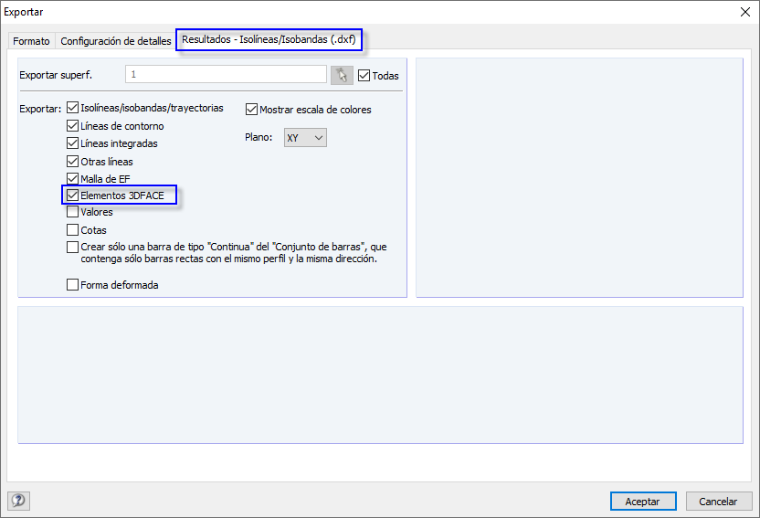 Configuración detallada para la exportación de resultados