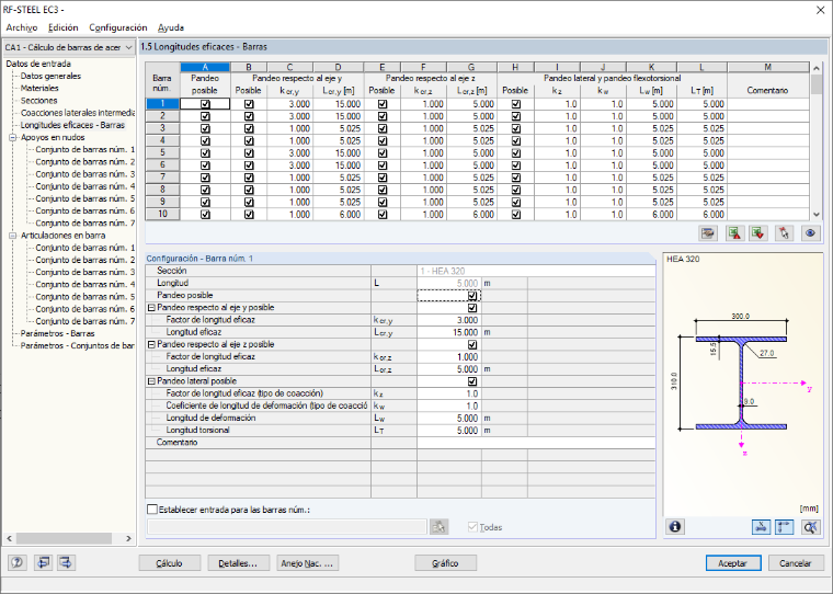 Entradas de barras, como para longitudes eficaces, en RF-/STEEL EC3