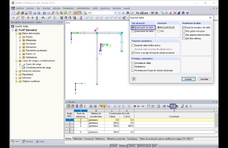 Dialog Tabelle exportieren