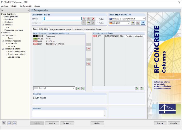Ventana 1.1 Datos generales en RF-CONCRETE Columns