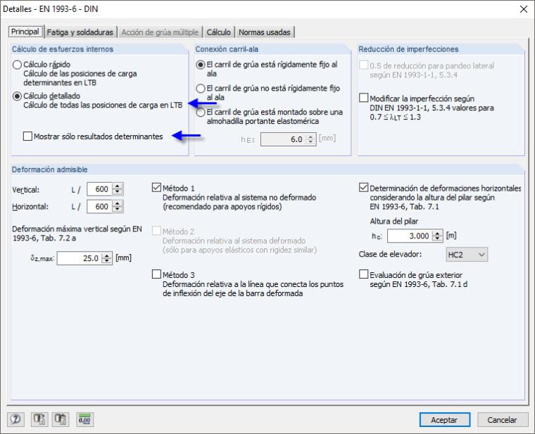 Programa CRANEWAY | Cuadro de diálogo "Detalles"