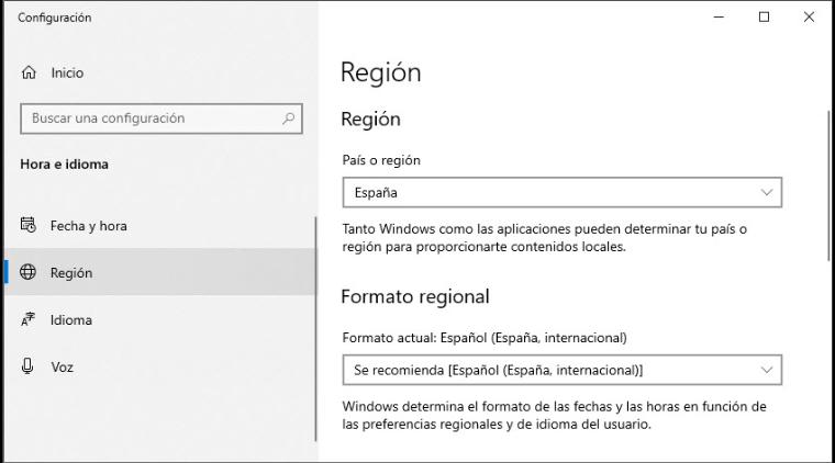 Ajuste de la región