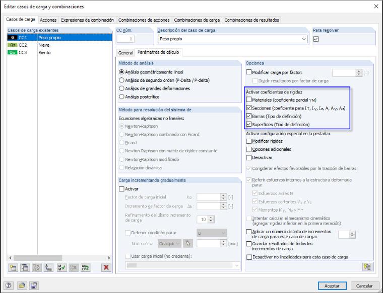 Configuración predeterminada para casos de carga