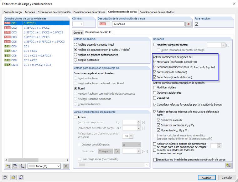 Configuración predeterminada para combinaciones de carga