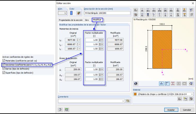 Consideración de factores de multiplicación de secciones