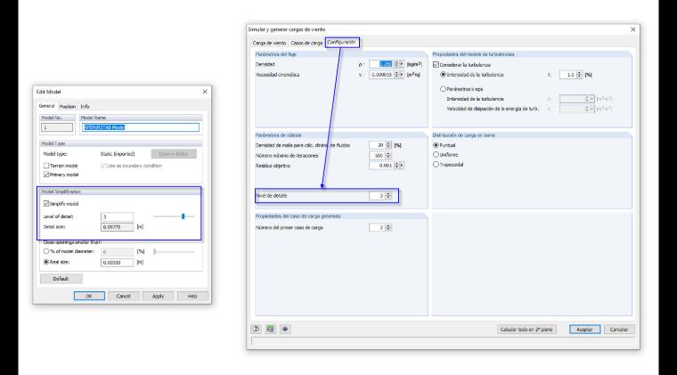 Configuración del nivel de detalle en RWIND Simulation (izquierda) y en RFEM (derecha)