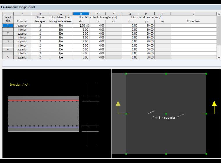Cuadro de diálogo "1.4 Armadura longitudinal" con la configuración de recubrimiento de hormigón