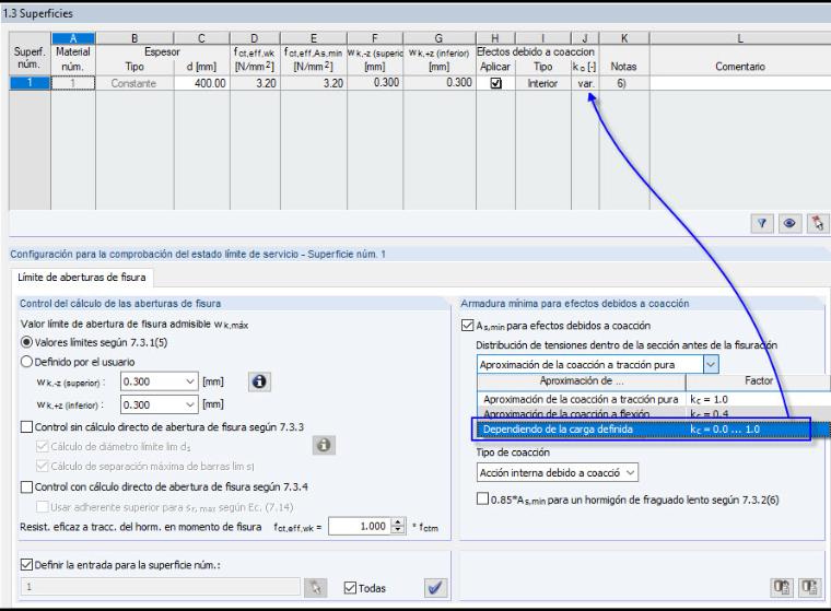 Cuadro de diálogo de entrada "1.3 Superficies" con la configuración para "Límite de aberturas de fisura"