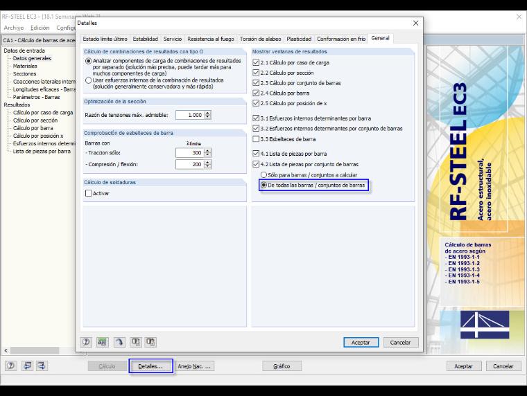 Configuración de la lista de piezas todas o sólo las barras a calcular