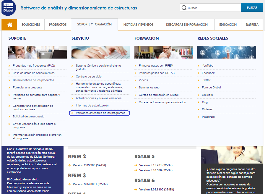 Versiones anteriores del programa en el extranet