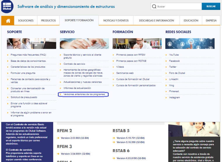 Versiones anteriores del programa en el extranet