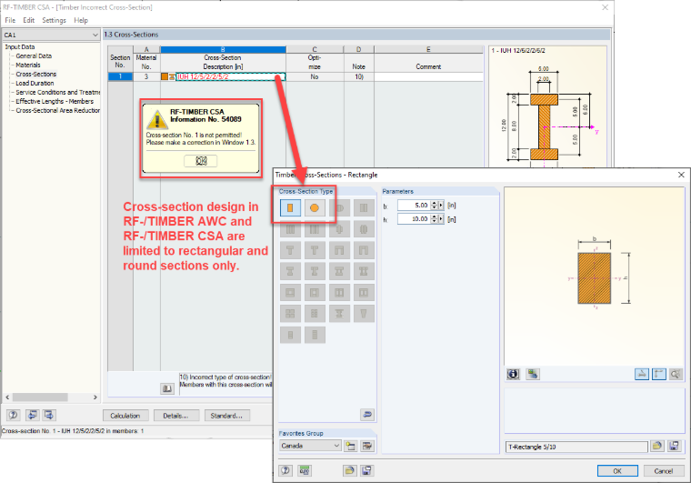 Opciones de diseño de secciones en RF-/TIMBER AWC y RF-/TIMBER CSA