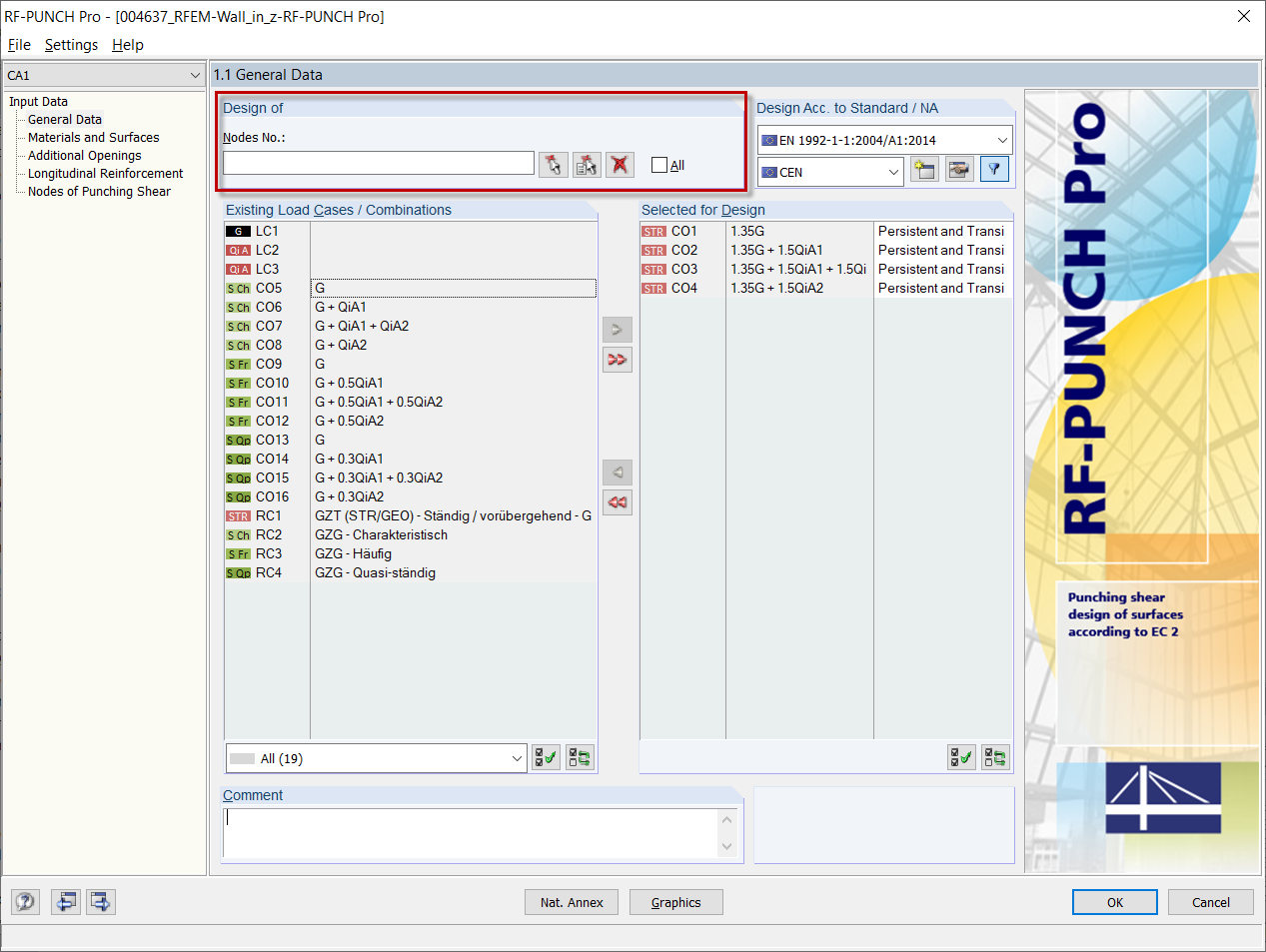 Ventana 1.1 de RF-PUNCH Pro con selección de nudos para el cálculo