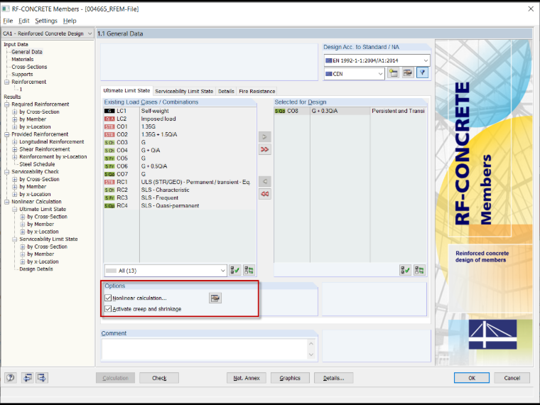 Ventana 1.1 en RF-CONCRETE Members con activación del cálculo NL incl. fluencia y retracción