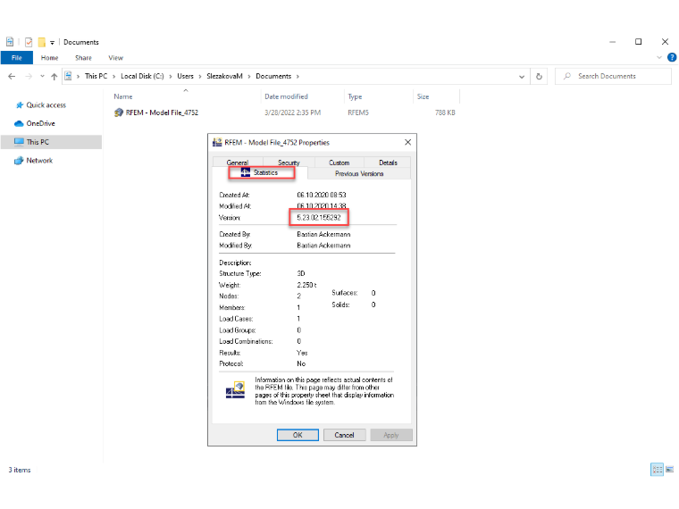 Información de la versión del programa en Windows → Propiedades → Estadísticas