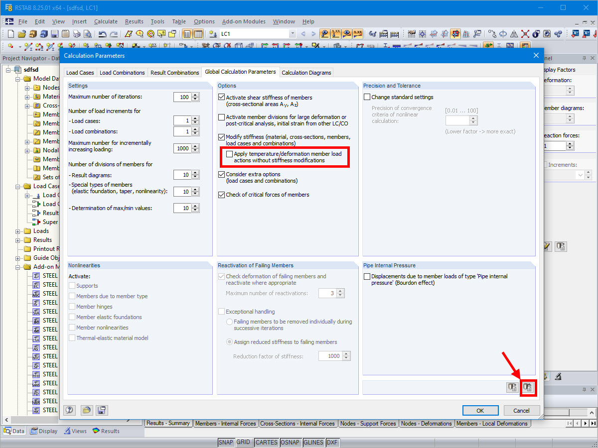 Parámetros de cálculo en RSTAB