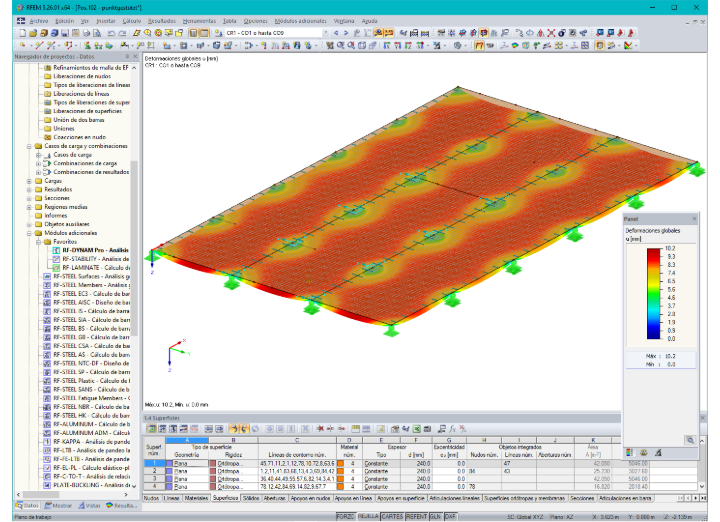 Deformación de un piso de paneles de madera contralaminada en RFEM (© PIRMIN JUNG)