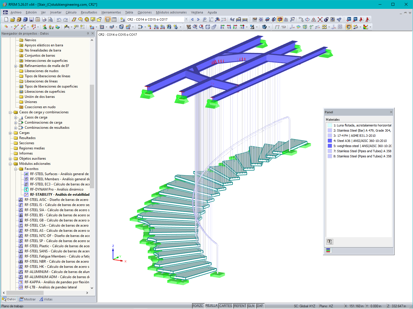 Modelo en 3D de la escalera suspendida de vidrio (© Stutzki Engineering)