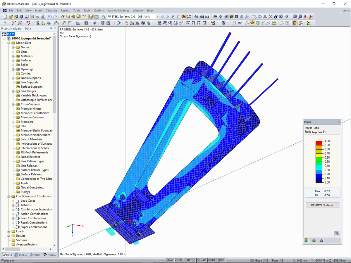 Tensiones de acero del punto de apoyo tensor  de cables en RFEM (© m3-ZT GmbH)