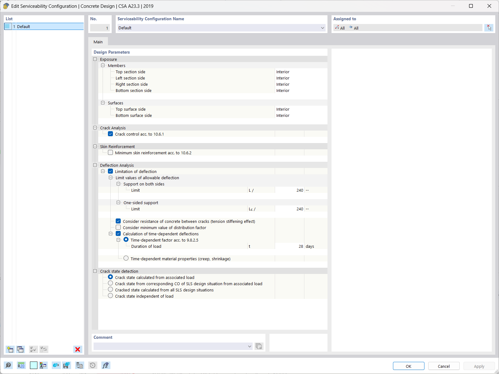 Vista de la configuración de uso para la deformación del hormigón en el entorno de RFEM 6.