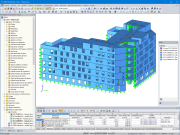 Modelo en 3D de la estructura de madera del hotel en RFEM