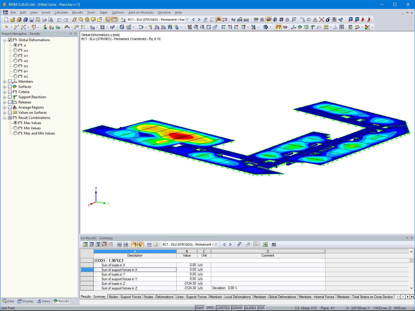 Animación de la deformación global de un piso de madera del hotel en RFEM
