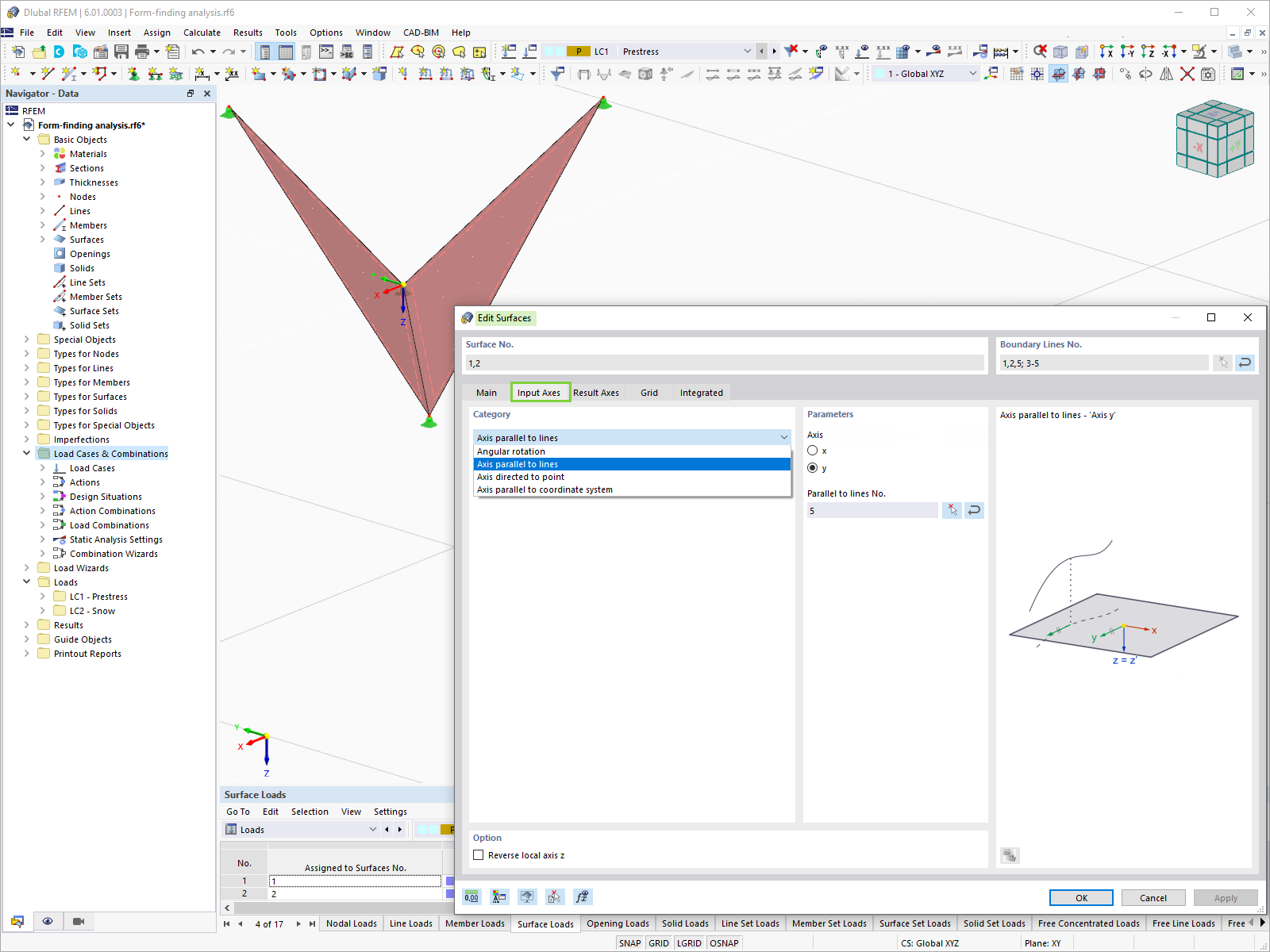 Captura de pantalla de los ejes de entrada de la membrana con campos numéricos y guías de coordenadas