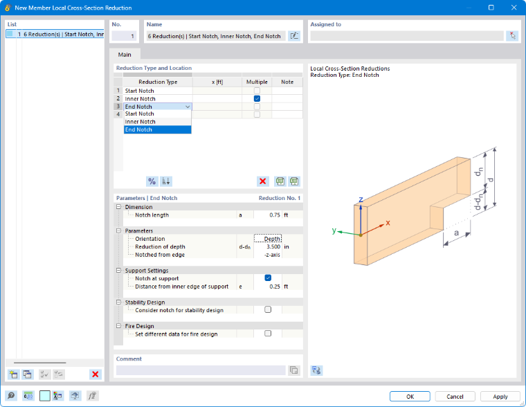El cuadro de diálogo muestra la opción de definir reducciones de la sección transversal de la barra para tener en cuenta un recorte de viga (entalladura) en el dimensionamiento de madera.