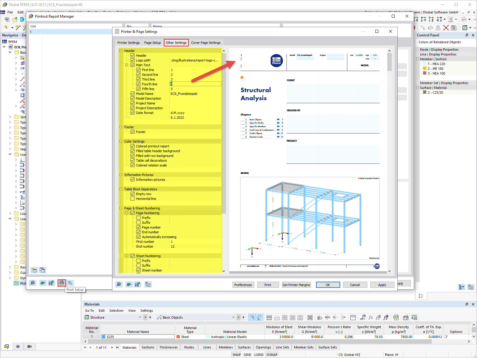 FAQ 005172 | ¿Es posible ajustar el diseño (por ejemplo, el encabezado) en el informe en RFEM 6/RSTAB 9?