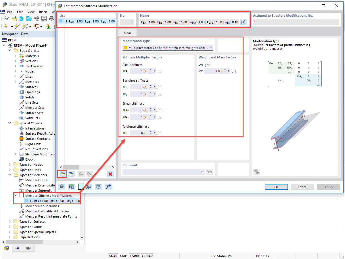 FAQ 005201 | ¿Cómo puedo modificar las rigideces de barras particulares utilizando un factor en RFEM 6 y RSTAB 9?
