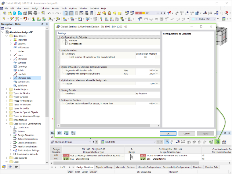 Configuración global para cálculo de aluminio