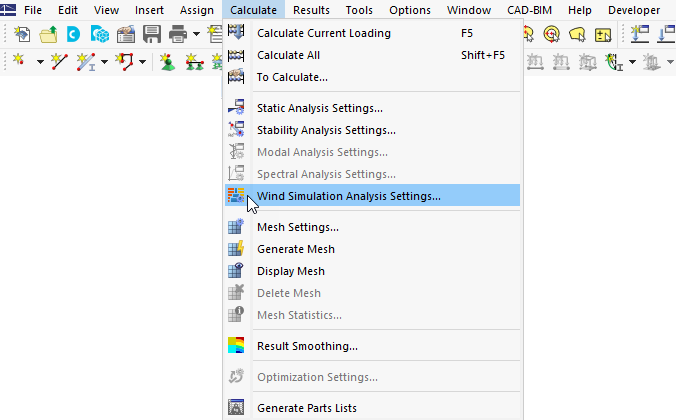 Acceso a la configuración de análisis de simulación de viento