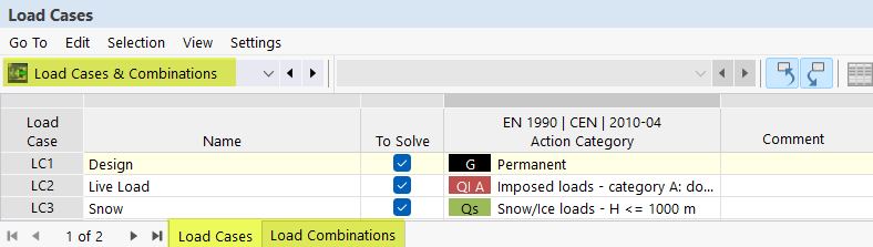 Casos de carga y combinaciones en tabla