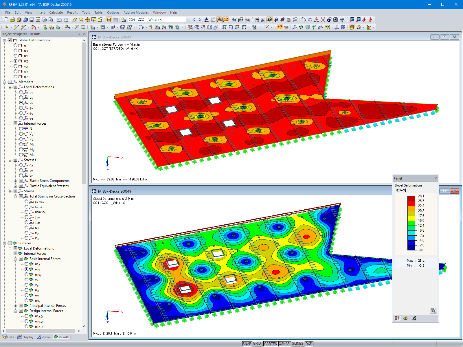 Losa de madera contralaminada con esfuerzos internos (arriba) y deformaciones (abajo) en RFEM (© ATP architekten ingenieure)