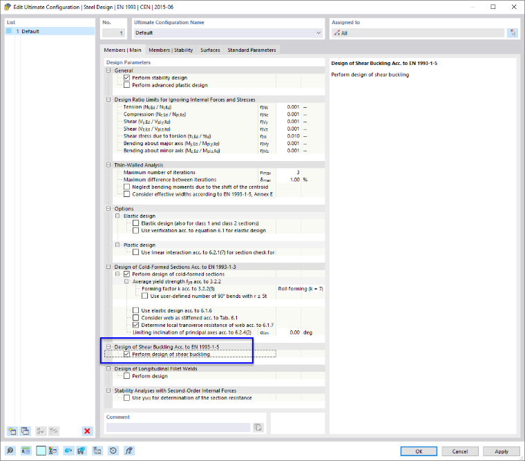 Configuración "Datos principales" del estado límite último para el cálculo de acero