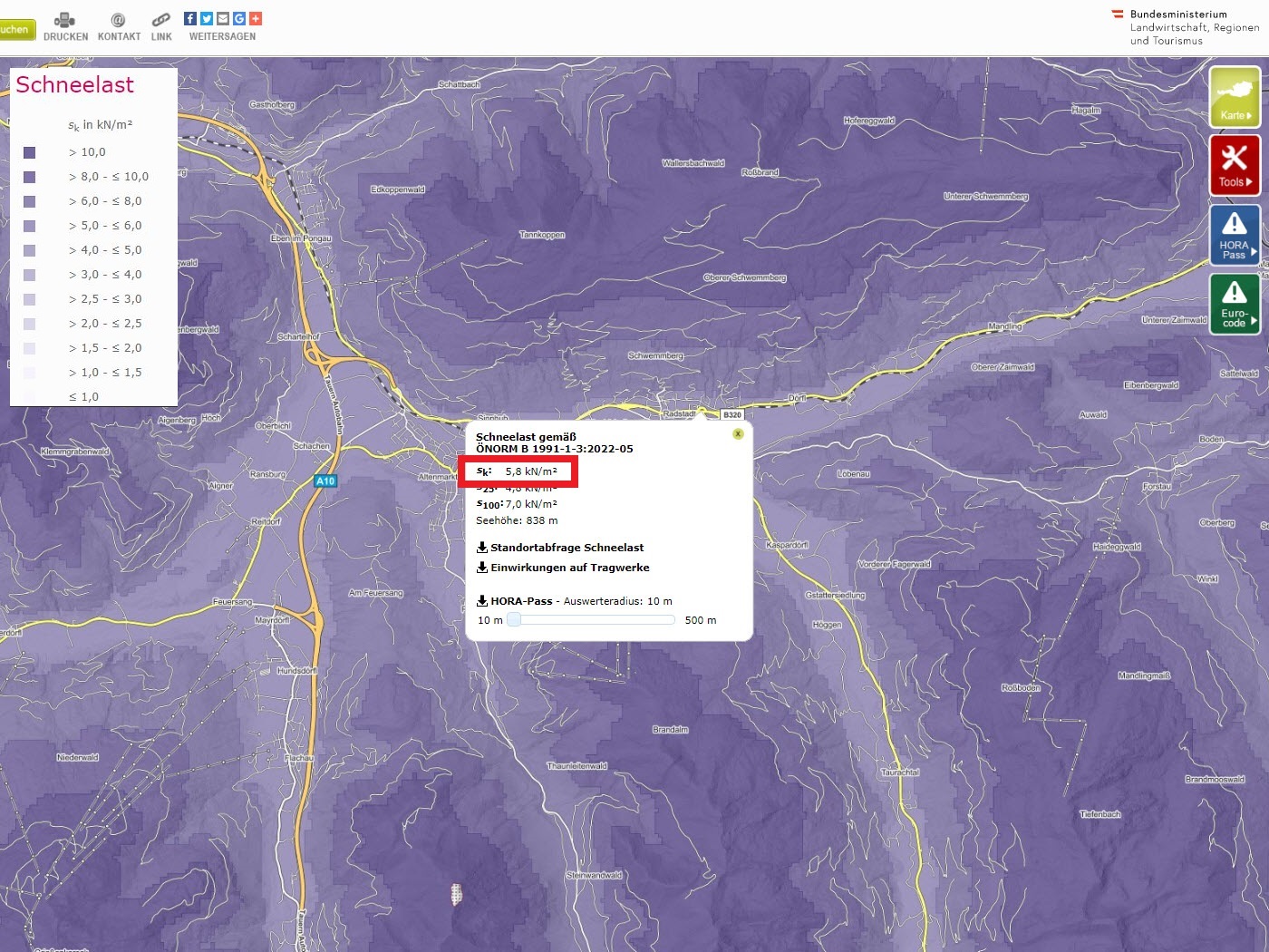Preguntas frecuentes 005294 | ¿Por qué el mapa eHORA de Austria proporciona cargas de nieve diferentes a las de su herramienta de zonas geográficas?