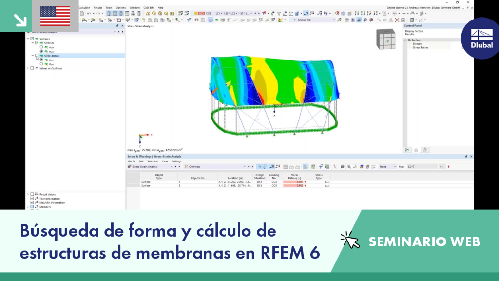Captura de pantalla de un seminario web sobre la formación y el cálculo de estructuras de membrana en contextos de ingeniería utilizando RFEM 6.