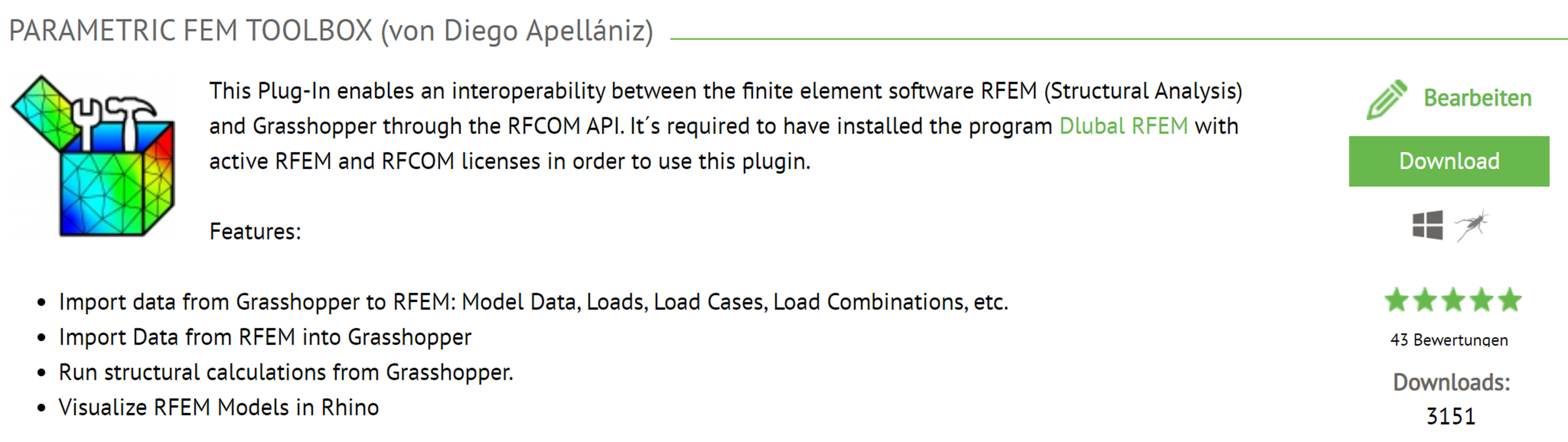 Parametric FEM Toolbox es un complemento de Grasshopper disponible públicamente en https://www.food4rhino.com/app/parametric-fem-toolbox (© Diego APELLÁNIZ)