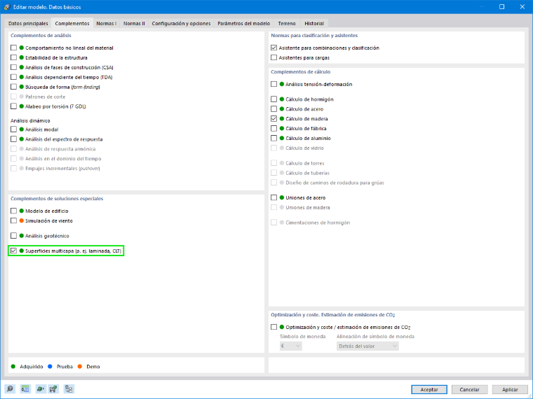 Complemento "Superficies multicapa" en los datos básicos