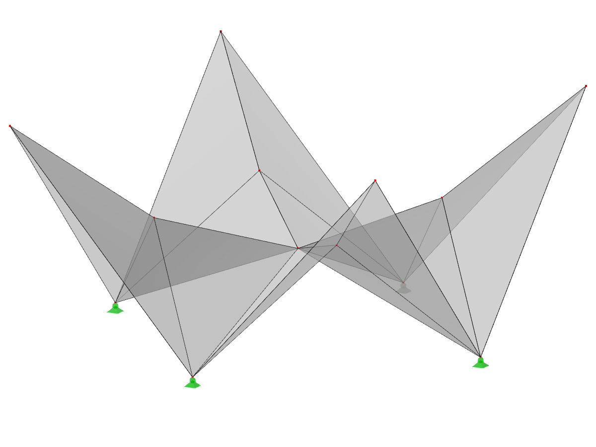 ID de modelo 531 | 034-FPC012 | Sistemas de estructura prismática plegada. Superficies cruzadas y plegadas que se extienden diagonalmente sobre una planta rectangular, cumbreras inclinadas hacia el centro