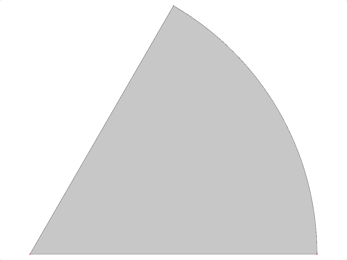 Representación visual de una superficie de sector circular que muestra elementos de análisis estructural y nodos de malla.